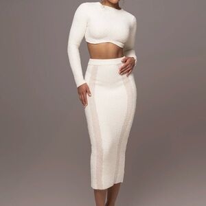 Elegant Cream Knit Midi Skirt Set